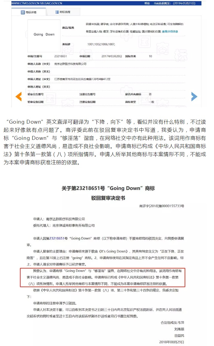 “GoingDown”够淫荡商标复审案一审判决书（全文）