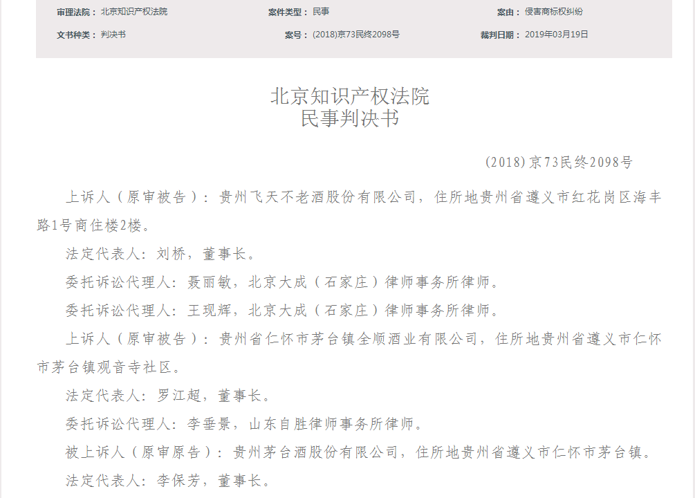 “飛天不老酒”商标侵权一审败诉，赔偿“飞天茅台”90万元