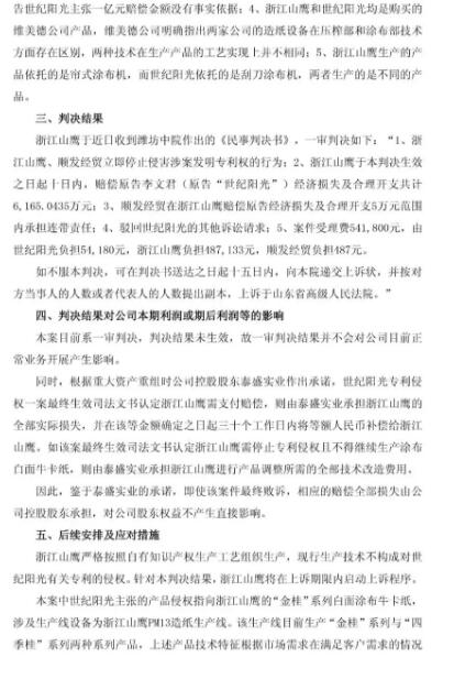 一审判赔6165万元的“纸业专利侵权案”被指令重审(附诉讼公告) 一审判赔6165万元的“纸业专利侵权案”被指令重审(附诉讼公告)