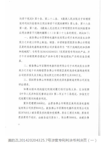 判赔300万元!美的起诉洗碗机代工厂商佛山百斯特专利侵权 判赔300万元!美的起诉洗碗机代工厂商佛山百斯特专利侵权